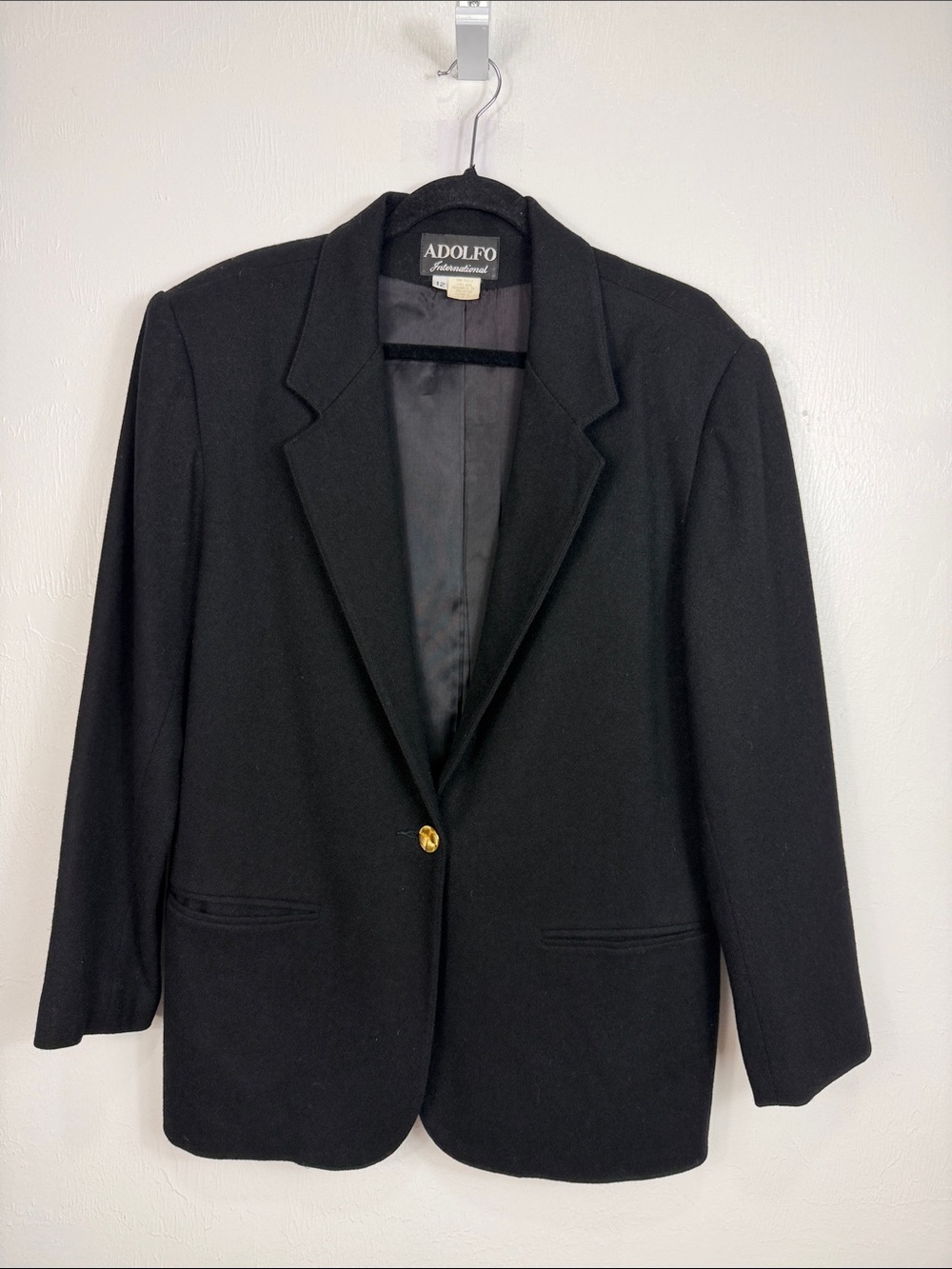 Vintage Adolfo International Black Wool Blazer Gold Button Career Jacket 12 - Picture 2 of 8